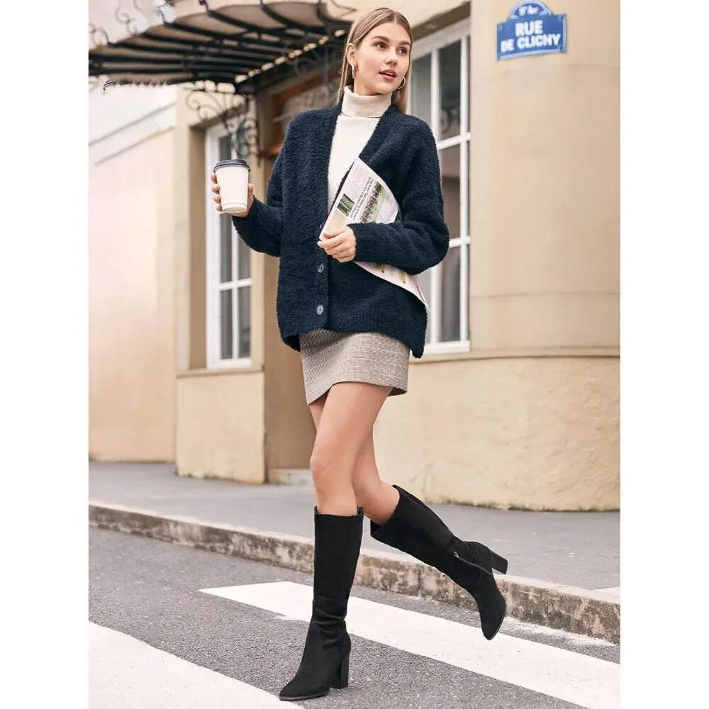 Women Faux Sueder Black  Knee High Chunky Heel Side Zipper Stretch Winter Boot